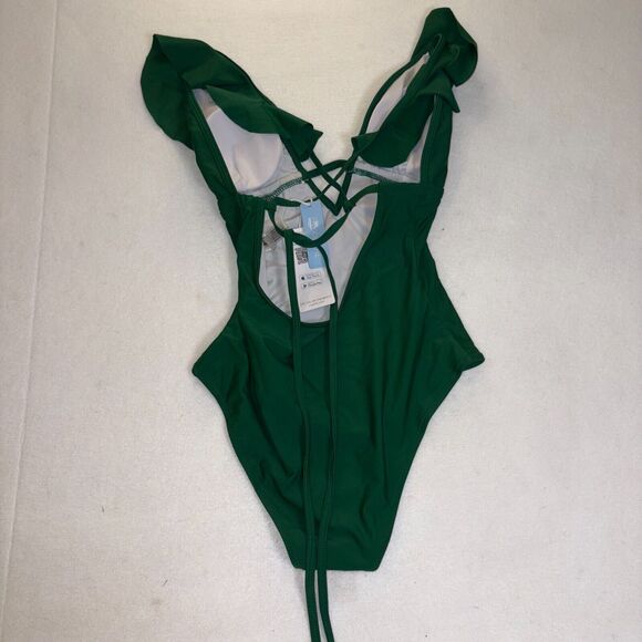 Cupshe Small One Piece Deep V-Neck Ruffled Back Crossover Monokini,cruise/beachy - Picture 2 of 3